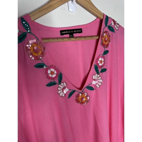 70s Style Caftan Embroidered V-Neck Mrs Roper Pink S/M Barbiecore Boho Chic - Picture 3 of 9